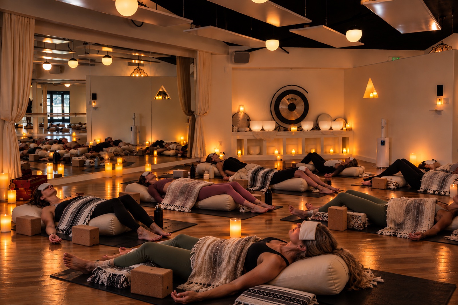 Restorative yoga with props at Swaha Yoga 111 Rancho Mirage